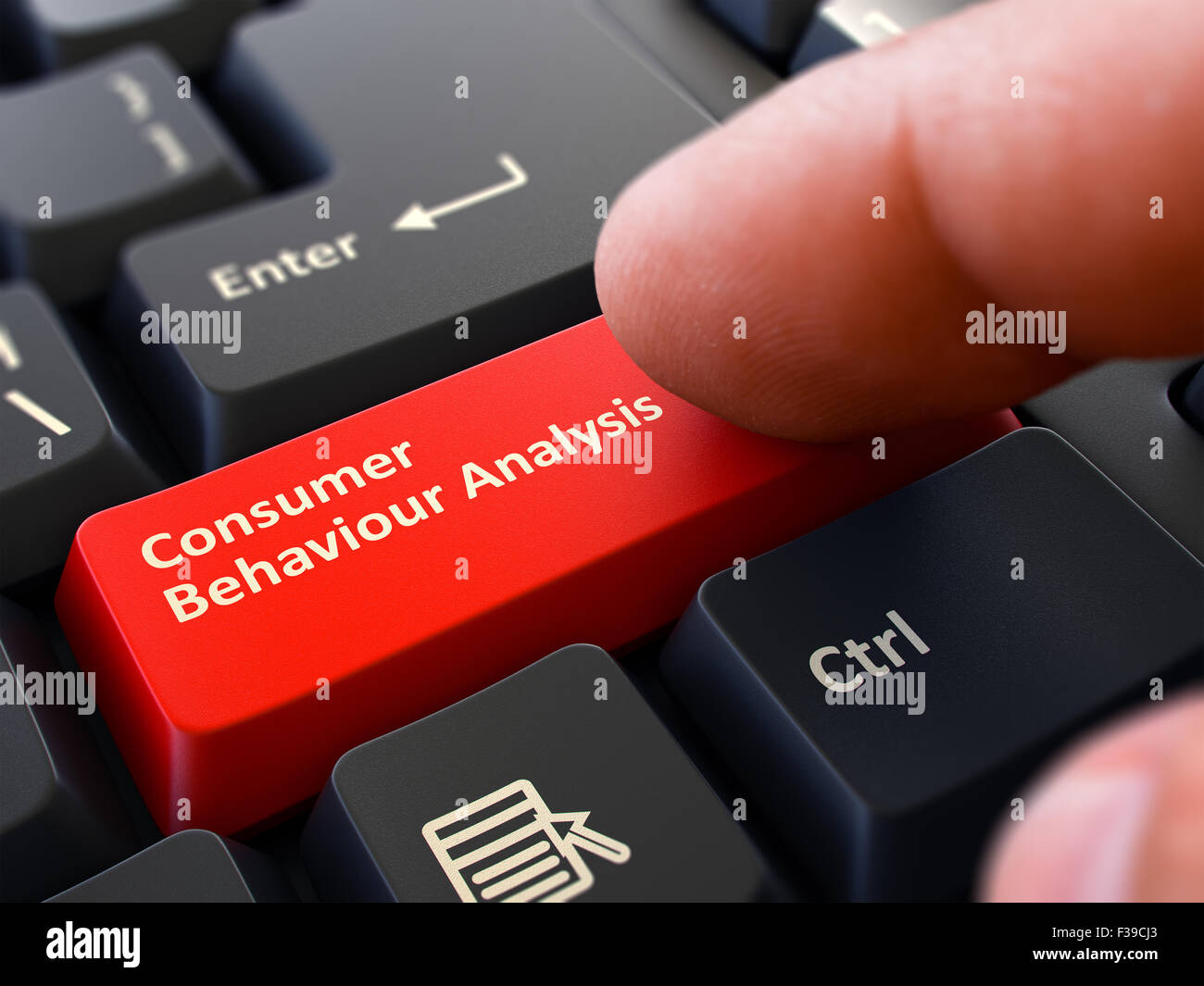 Finger Presses Red Button  Consumer Behaviour Analysis on Black Keyboard Background. Closeup View. Selective Focus. Stock Photo