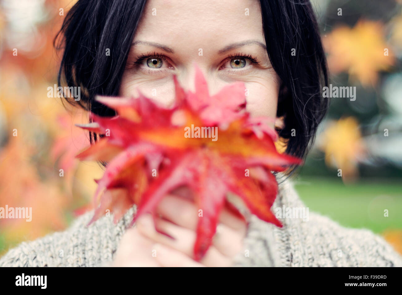Smiling mid adult woman holding leaf close to her face autumn Stock Photo