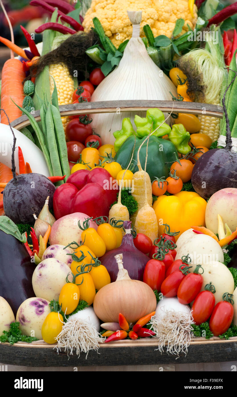 Vegetable trug displays at an Autumn Show. UK Stock Photo