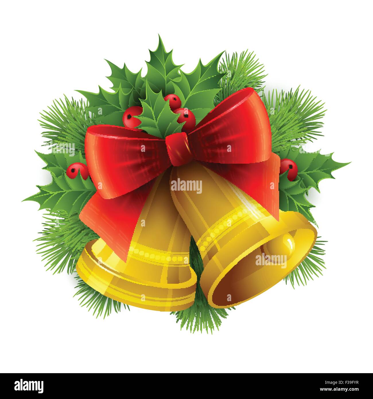 Christmas decoration with evergreen trees, holly and bells. Vector