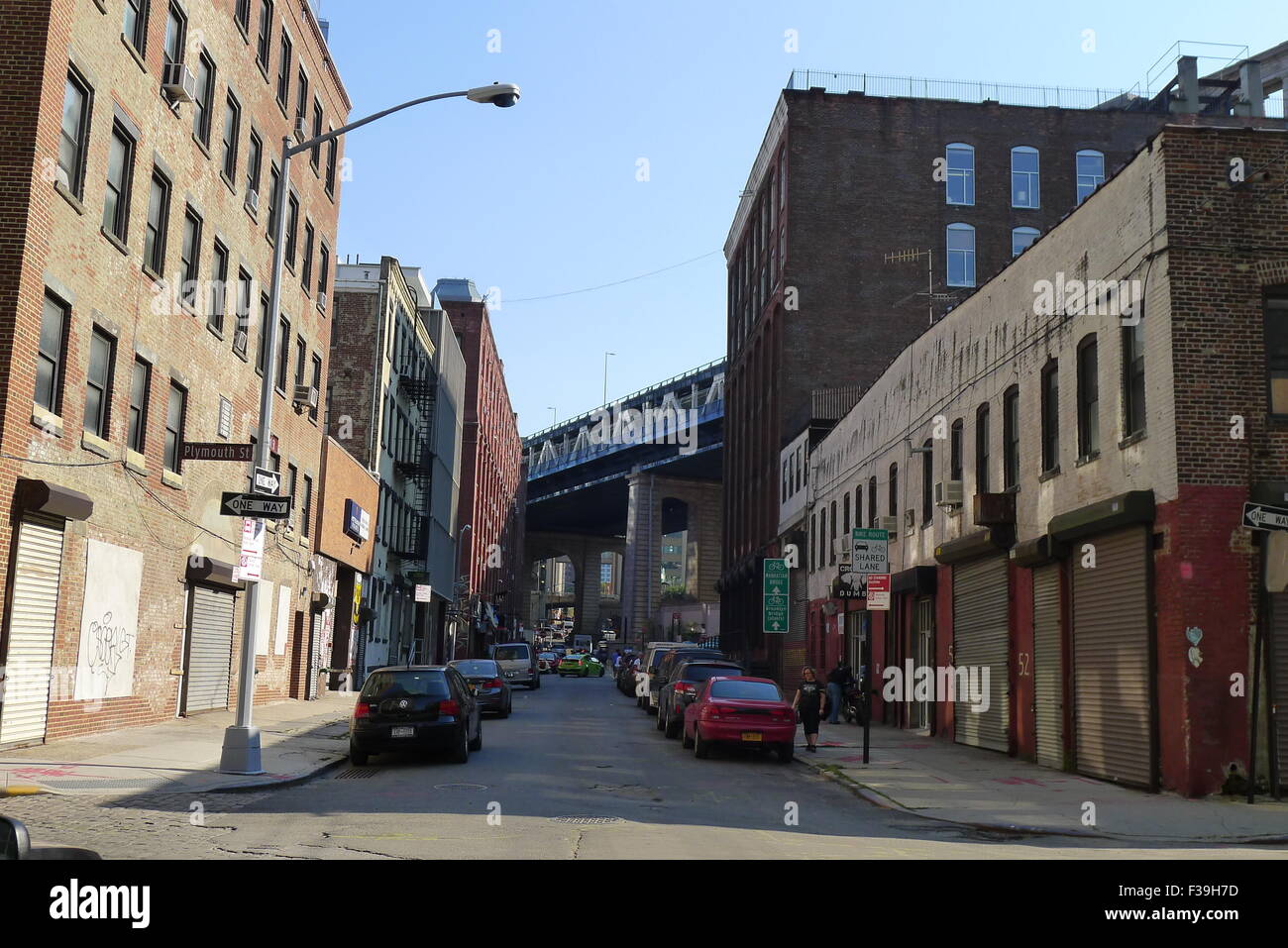Scene of Pearl Street under Manhattan Bridge Stock Photo