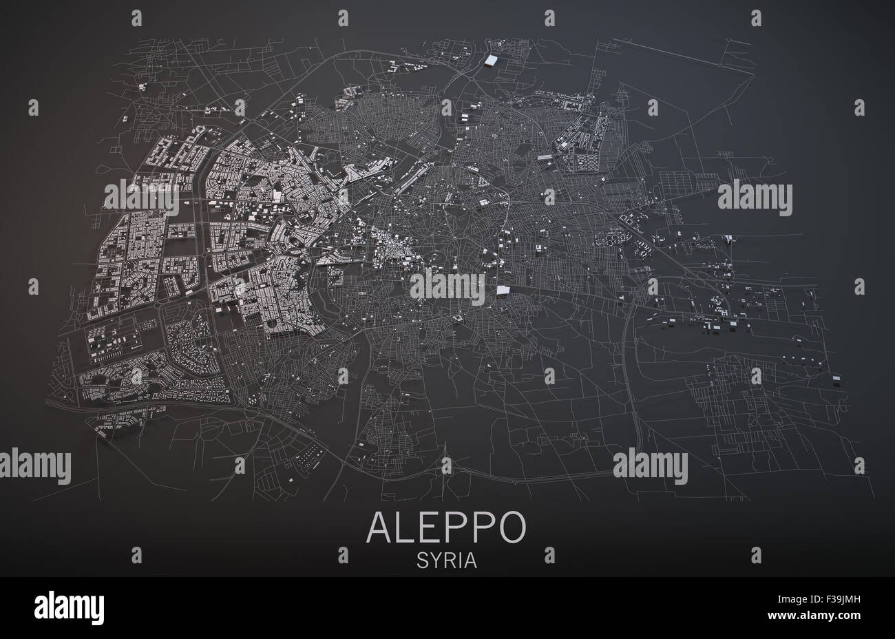 Map of Aleppo, Syria, satellite view map  in 3d. Black and white Stock Photo