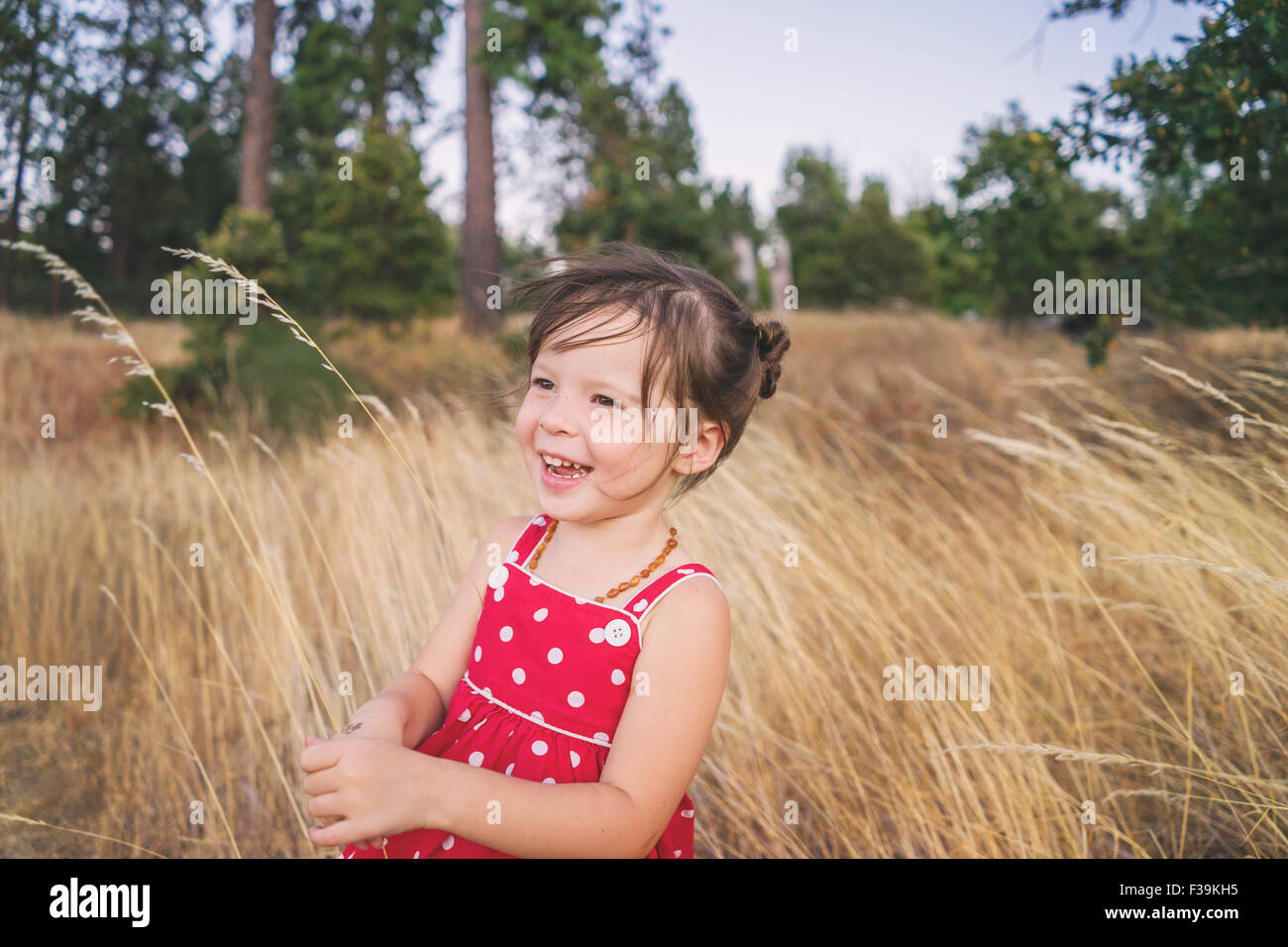 Portrait of a girl standing in a field, laughing Stock Photo