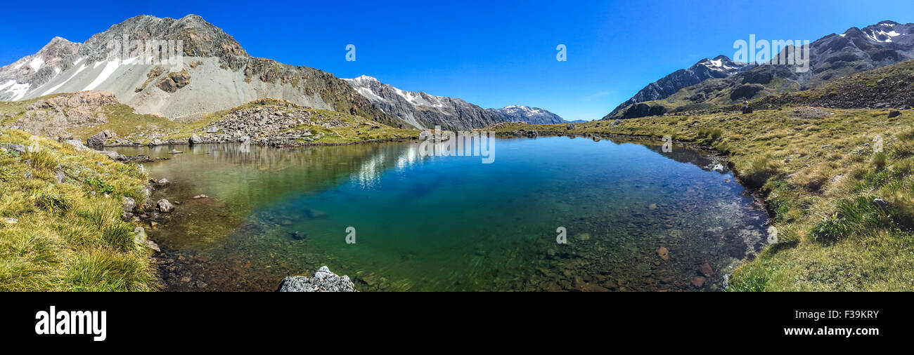 Whitehorn pass reflected in Ariels Tarn, Canterbury, New Zealand Stock Photo