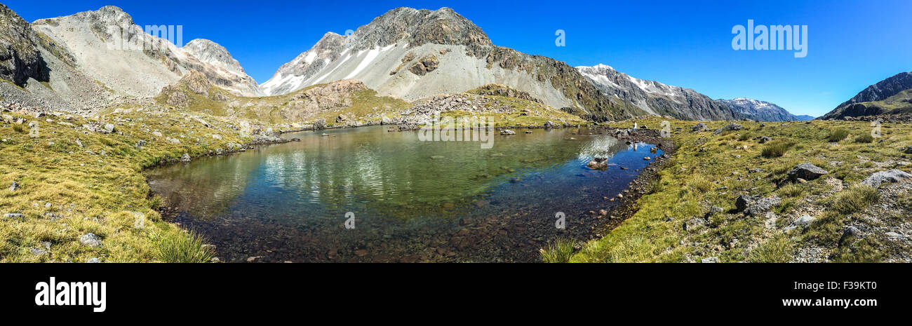 Whitehorn pass reflected in ariels tarn, Canterbury, New Zealand Stock Photo
