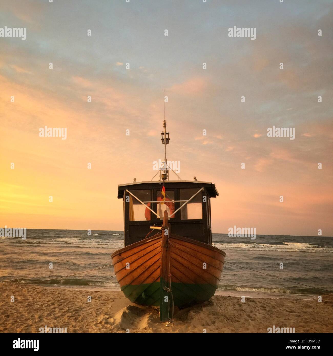 Close-up of a wooden boat on beach, Baltic sea, Germany Stock Photo