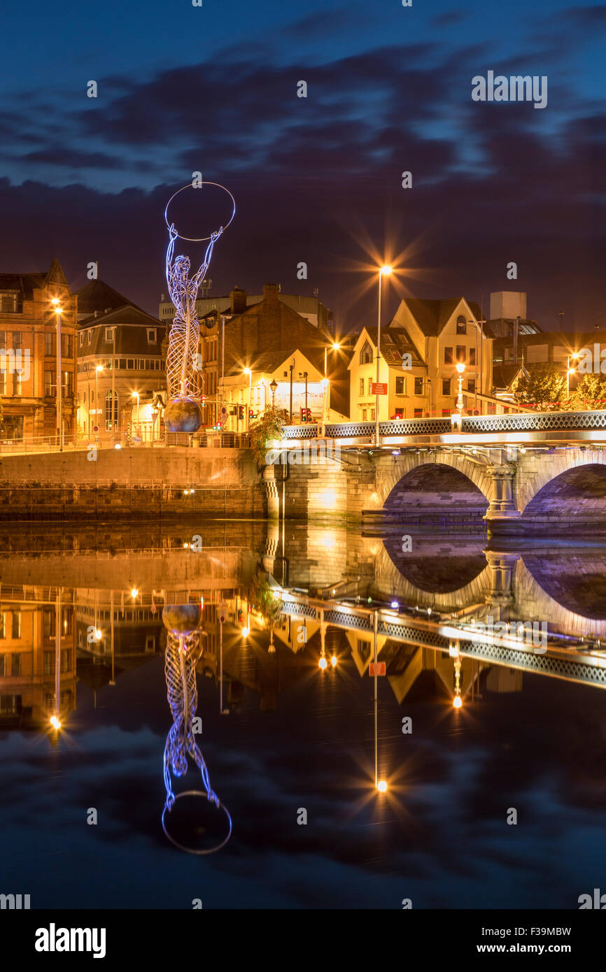 Beacon of Hope statue, Lagan Bridge and town of Belfast, County Antrim, Northern Ireland, UK Stock Photo