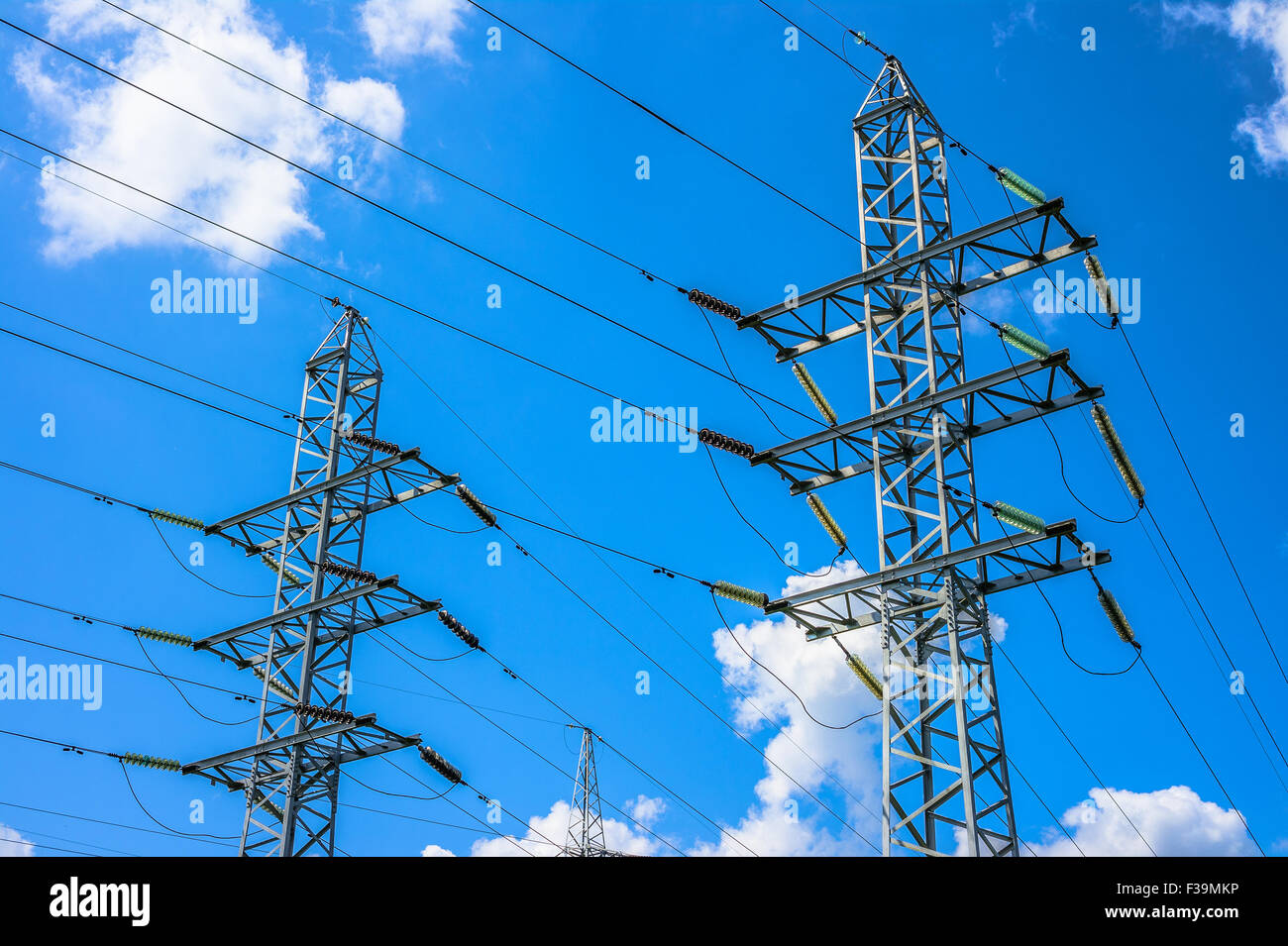 Power line tower on blue sky background Stock Photo