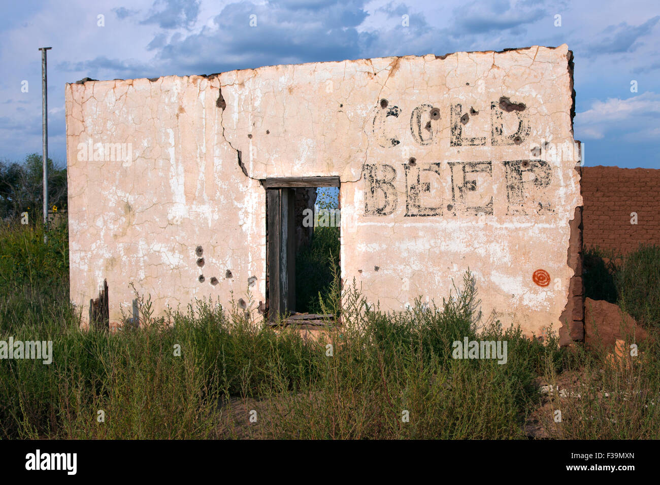 An abandoned store along Route 66 in  Montoya, New Mexico, still advertises Cold Beer. Stock Photo