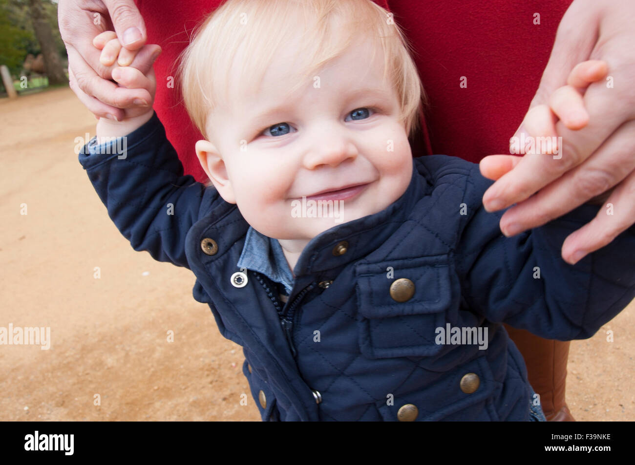 Baby walking whilst holding his mums hands for balance Stock Photo Alamy