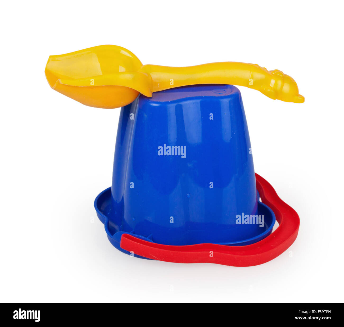 yellow plastic scoop on an inverted blue bucket isolated on white background Stock Photo Alamy