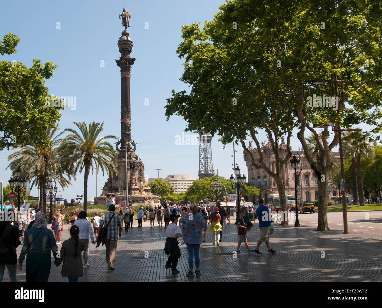 Looking down La Rambla towards Marco Polo monument, Barcelona Stock Photo -  Alamy