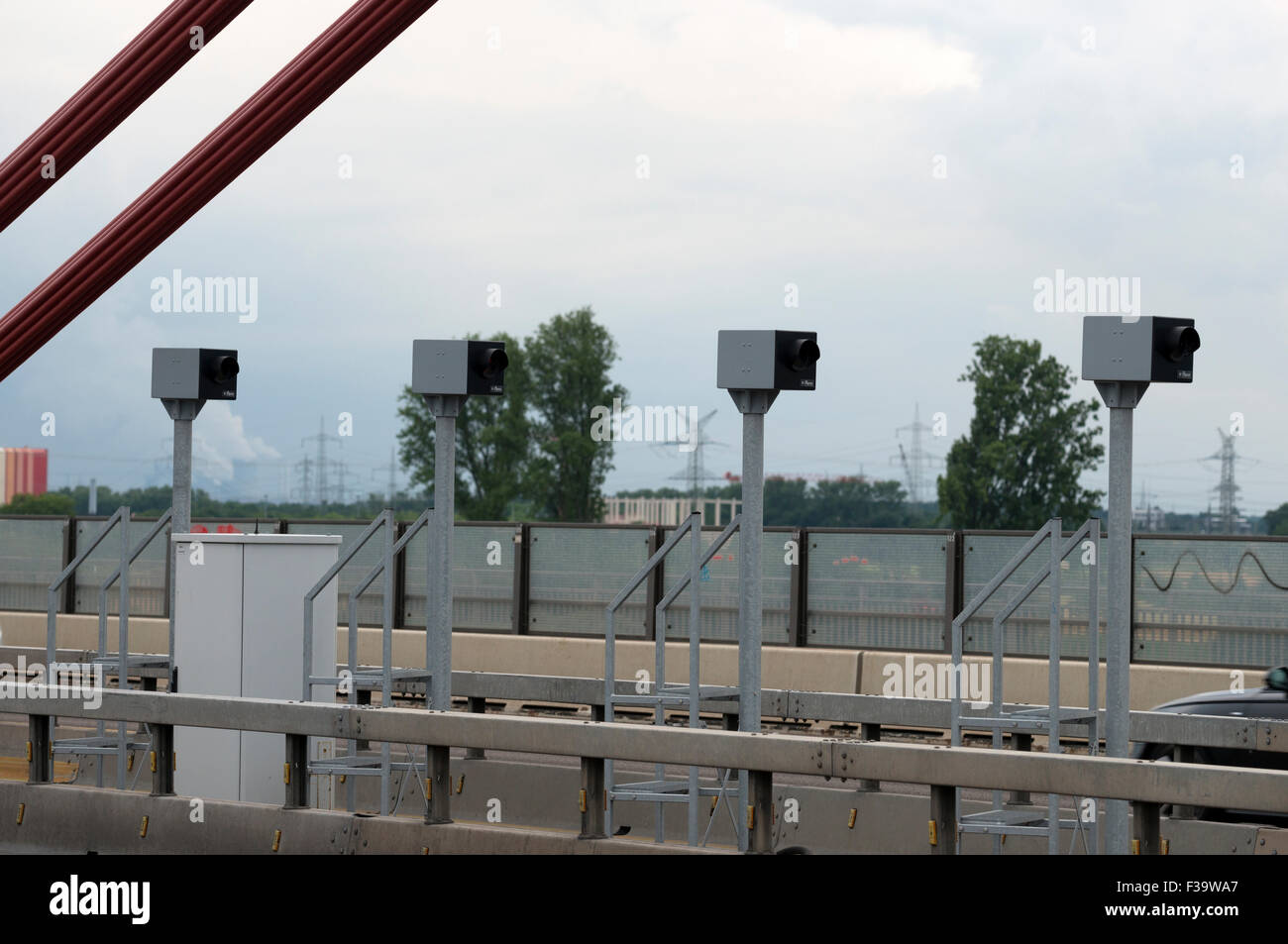 Speed cameras on the A1 autobahn bridge crossing the river Rhine, Leverkusen, Germany. Stock Photo