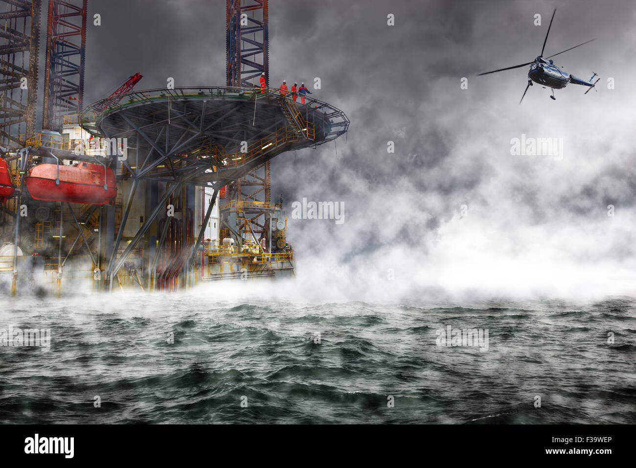 A helicopter rescue mission landing on Oil Rig Stock Photo Alamy