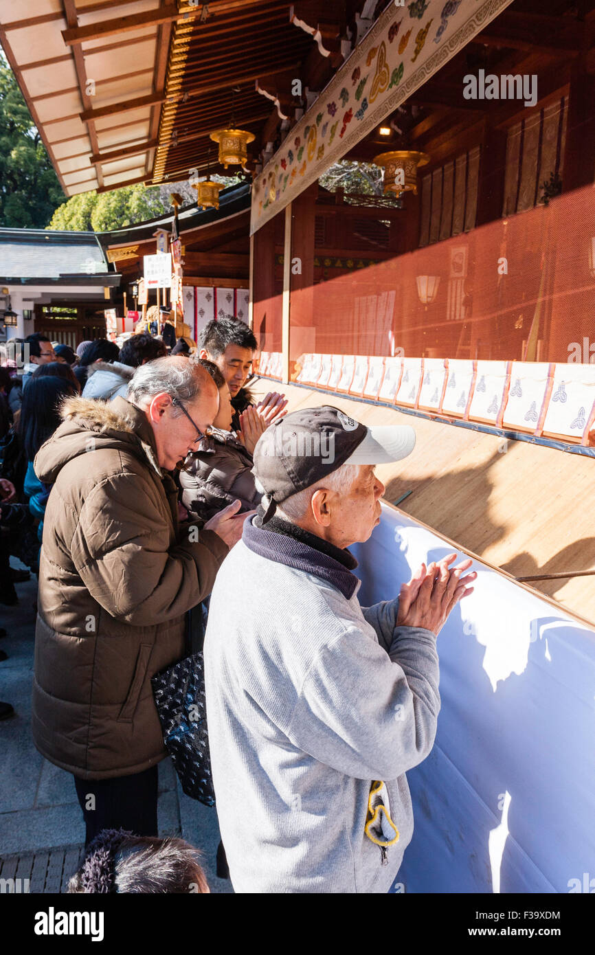 Japan, new year, winter. Japanese senior man, holding hands together and praying while standing in front of Saisen at crowded Shinto shrine. Daytime. Stock Photo
