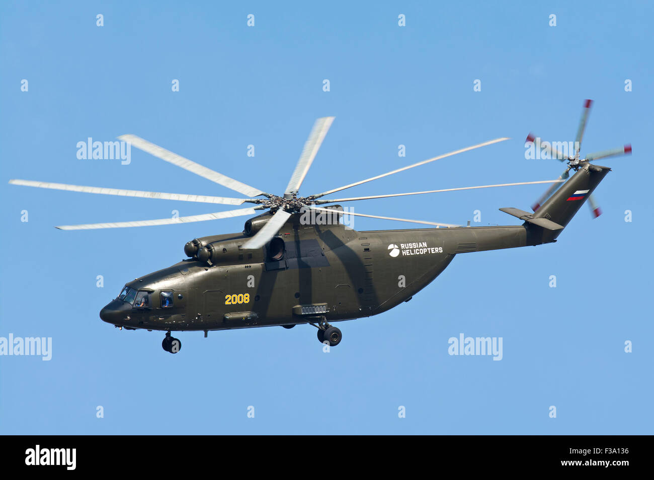 The Mil Mi-26 cargo helicopter performing during the Aviation Salon MAKS-2015 airshow in Zhukovsky, Russia. Stock Photo