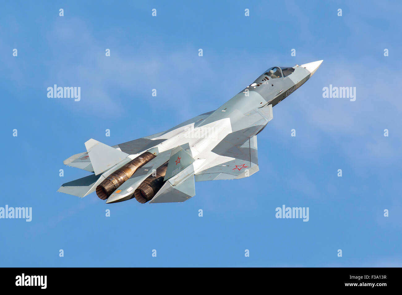 Fourth prototype of the Sukhoi T-50, future Russian Air Force 5th generation fighter, performing during the Aviation Salon MAKS- Stock Photo