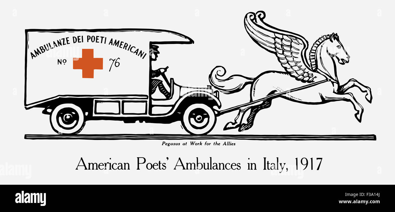 Vintage World War I poster of an ambulance being pulled by Pegasus, the winged horse. It reads: Pegasus at work for the Allies. Stock Photo