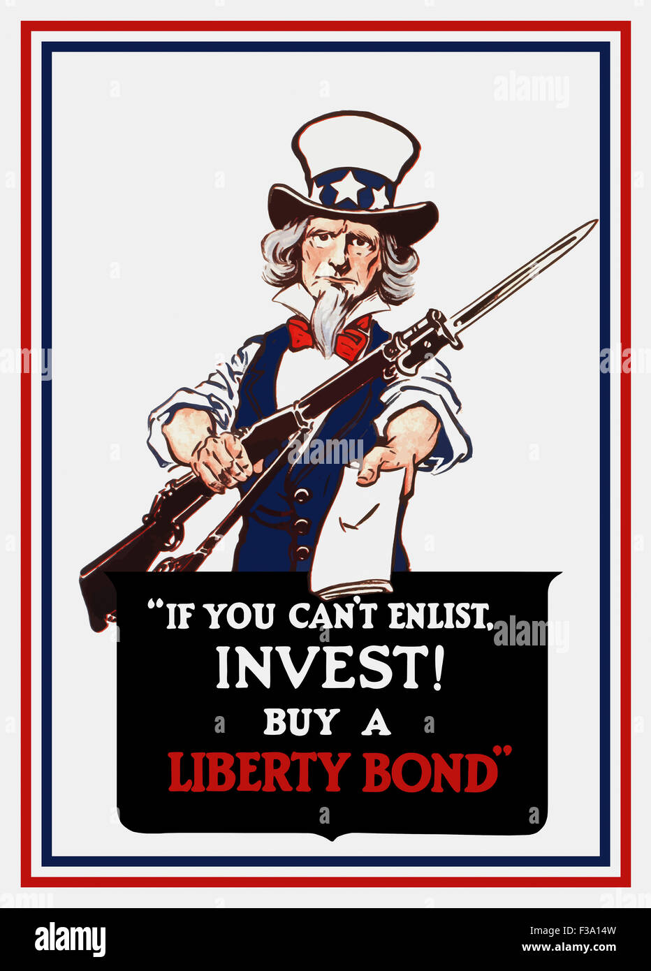 Vintage World War I propaganda poster of Uncle Sam holding a rifle and holding out a liberty bond. It reads: If You Can’t Enlist Stock Photo