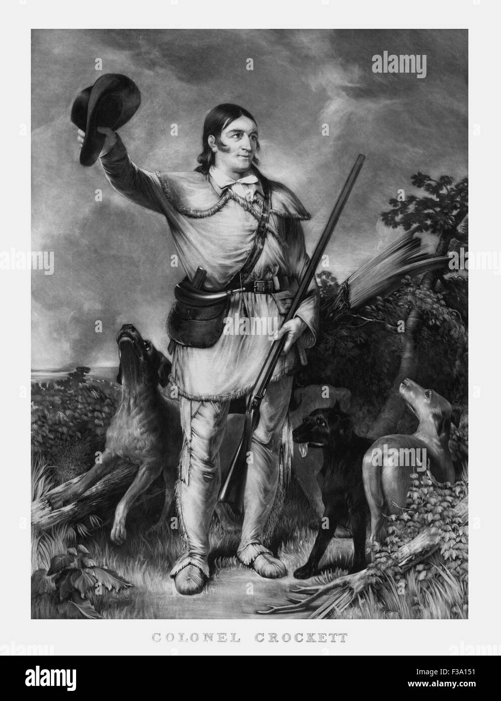 Vintage American history print of folk hero and frontiersman Davy Crockett with his dogs. Stock Photo