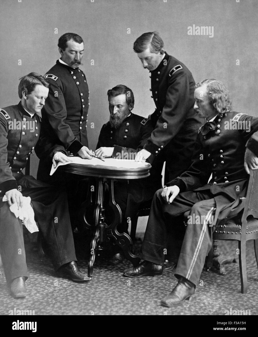 Vintage Civil War photograph of General Philip Sheridan and his staff. Pictured from left to right are: Wesley Merritt, Philip S Stock Photo