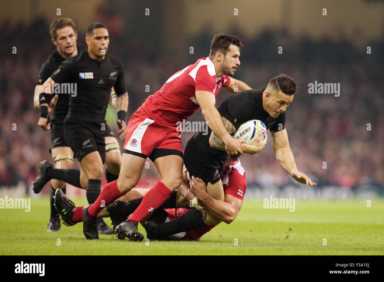 Millennium Stadium, Cardiff, Wales. 02nd Oct, 2015. Rugby World Cup. New Zealand versus Georgia. New Zealand All Black centre Sonny Bill Williams is tackled. Credit:  Action Plus Sports/Alamy Live News Stock Photo