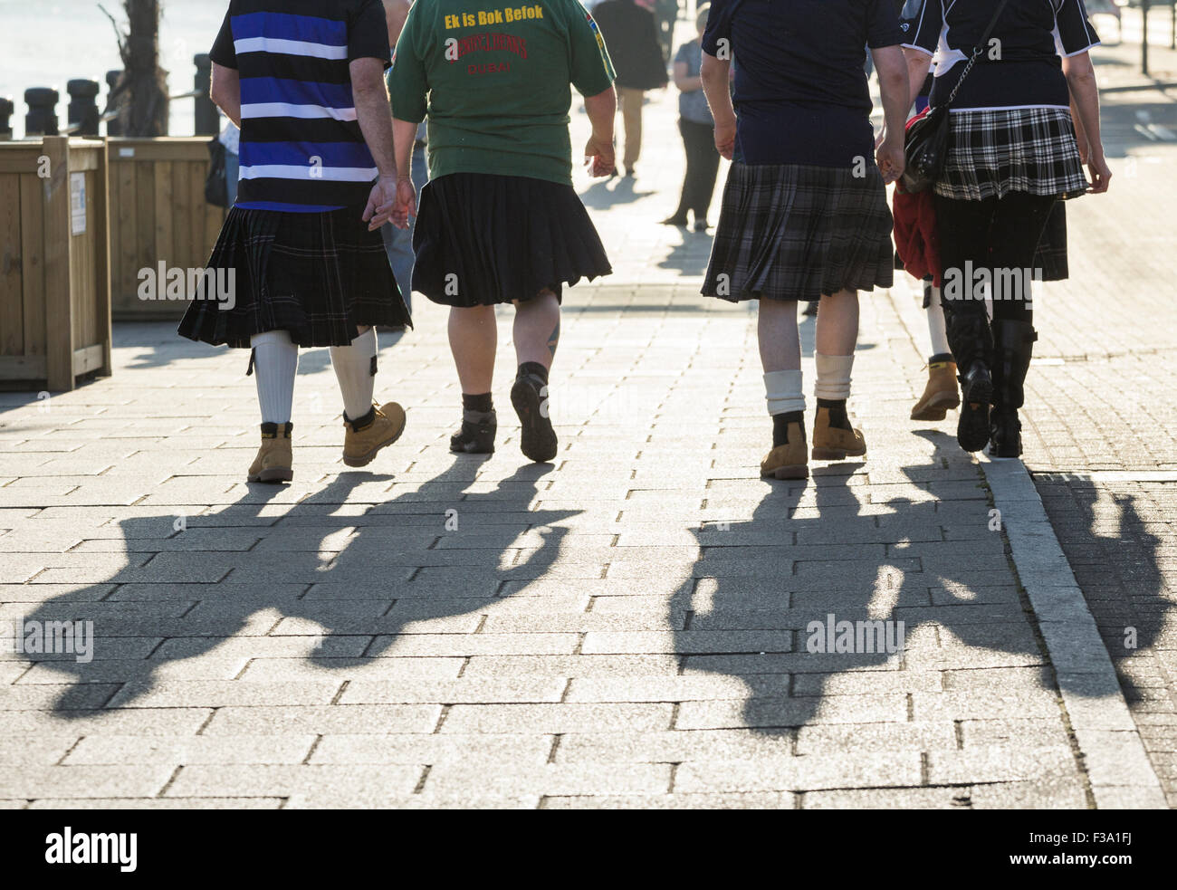 Newcastle, UK. 2nd October, 2015. Weather: Scotland fans in Kilts taking a stroll along The Quayside on a glorious Friday in Newcastle. Thousand of Scotland fans are expected in Newcastle on Saturday for Scotland`s match against South Africa. Credit:  Alan Dawson News/Alamy Live News Stock Photo