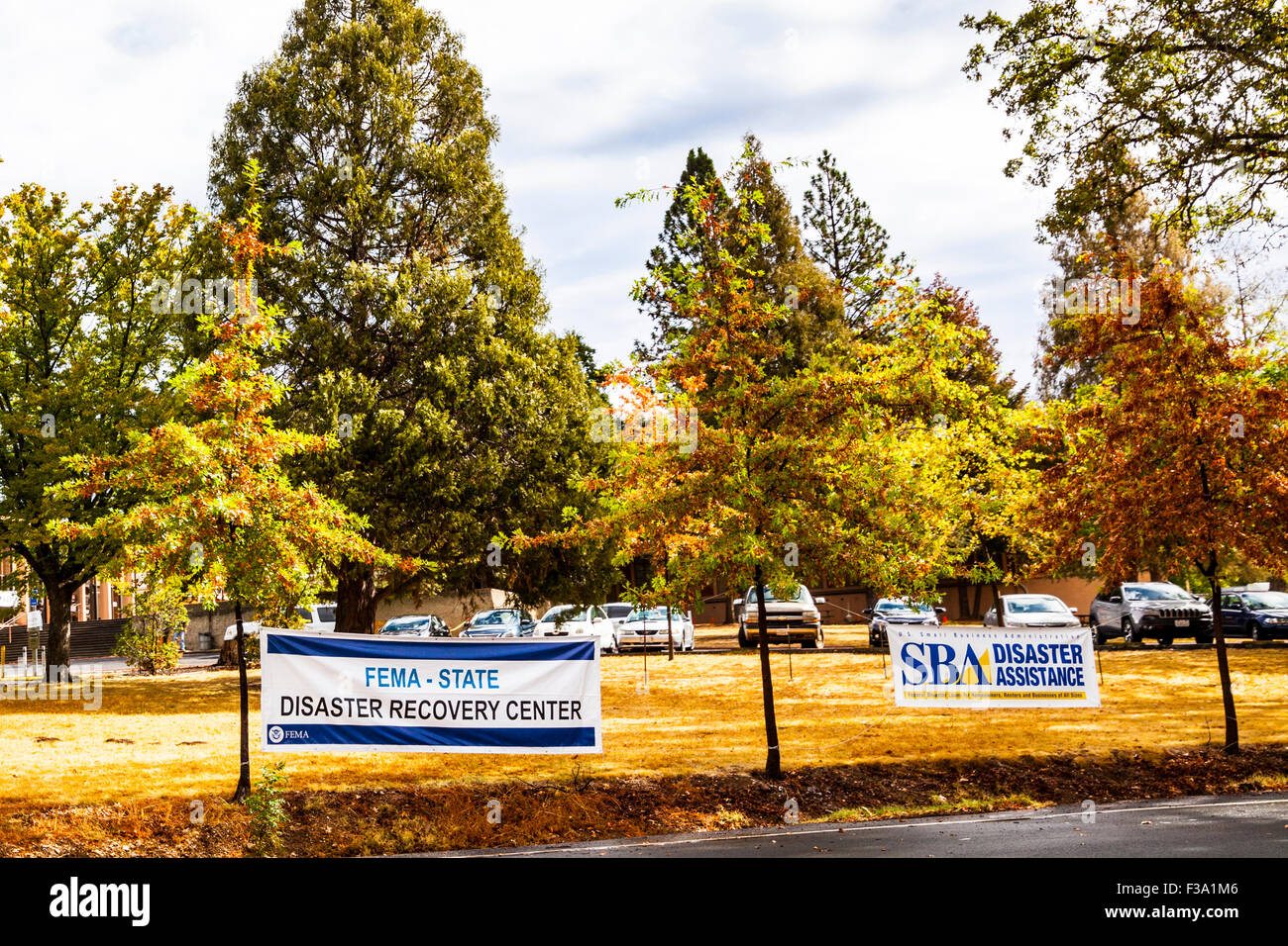 Signs for Fema and The Small Business Administration in San Andreas Calfornia after the Butte Fire in Calaveras county Stock Photo