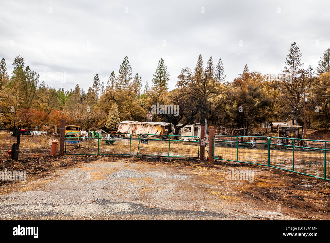 The destruction and the miraculous preservation of property in California's Butte fire in the Sierra Nevada of California Stock Photo