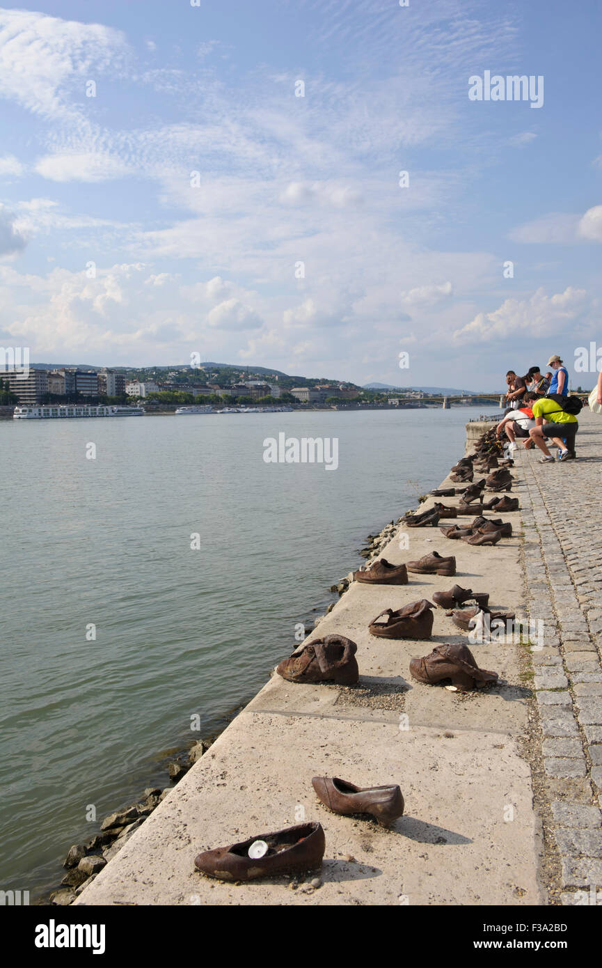 Iron shoes memorial by the river Danube to Jewish people executed in World War 2, Budapest, Hungary. Stock Photo