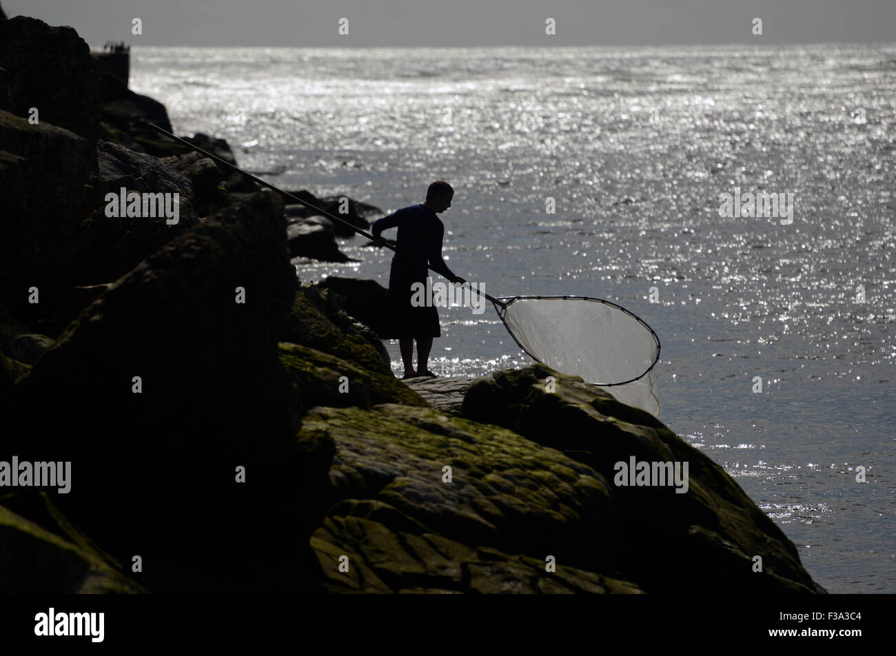 GREYMOUTH, SEPTEMBER 30, 2015: A man fishes for whitebait on the Grey River, West Coast Stock Photo