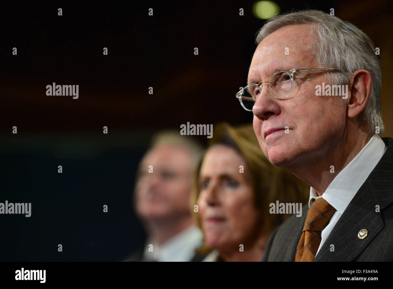 U.S. Senator Minority leader Harry Reid joined by other Democrats discusses a path toward a budget deal during a press conference on Capitol Hill October 1, 2015 in Washington, DC. Stock Photo