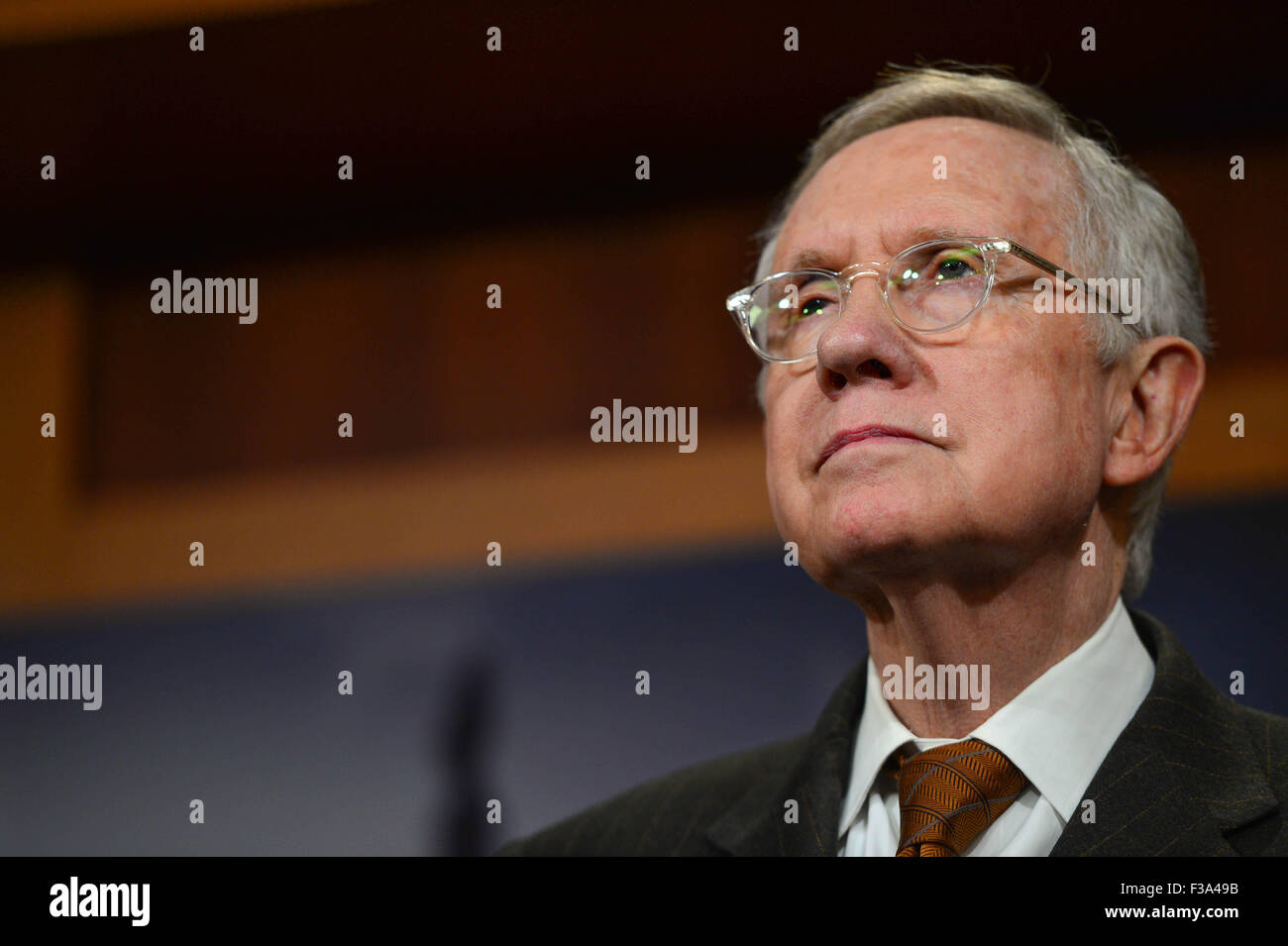 U.S. Senator Minority leader Harry Reid joined by other Democrats discusses a path toward a budget deal during a press conference on Capitol Hill October 1, 2015 in Washington, DC. Stock Photo