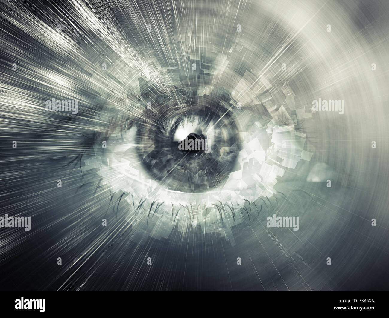 Digital vision concept, abstract illustration with chaotic structures mixed with human eye Stock Photo