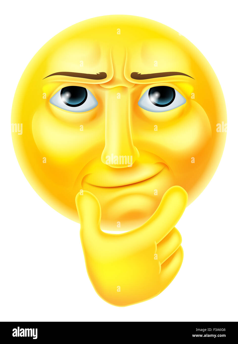 A thinking emoji emoticon smiley face character looking interested with hand on chin Stock Photo