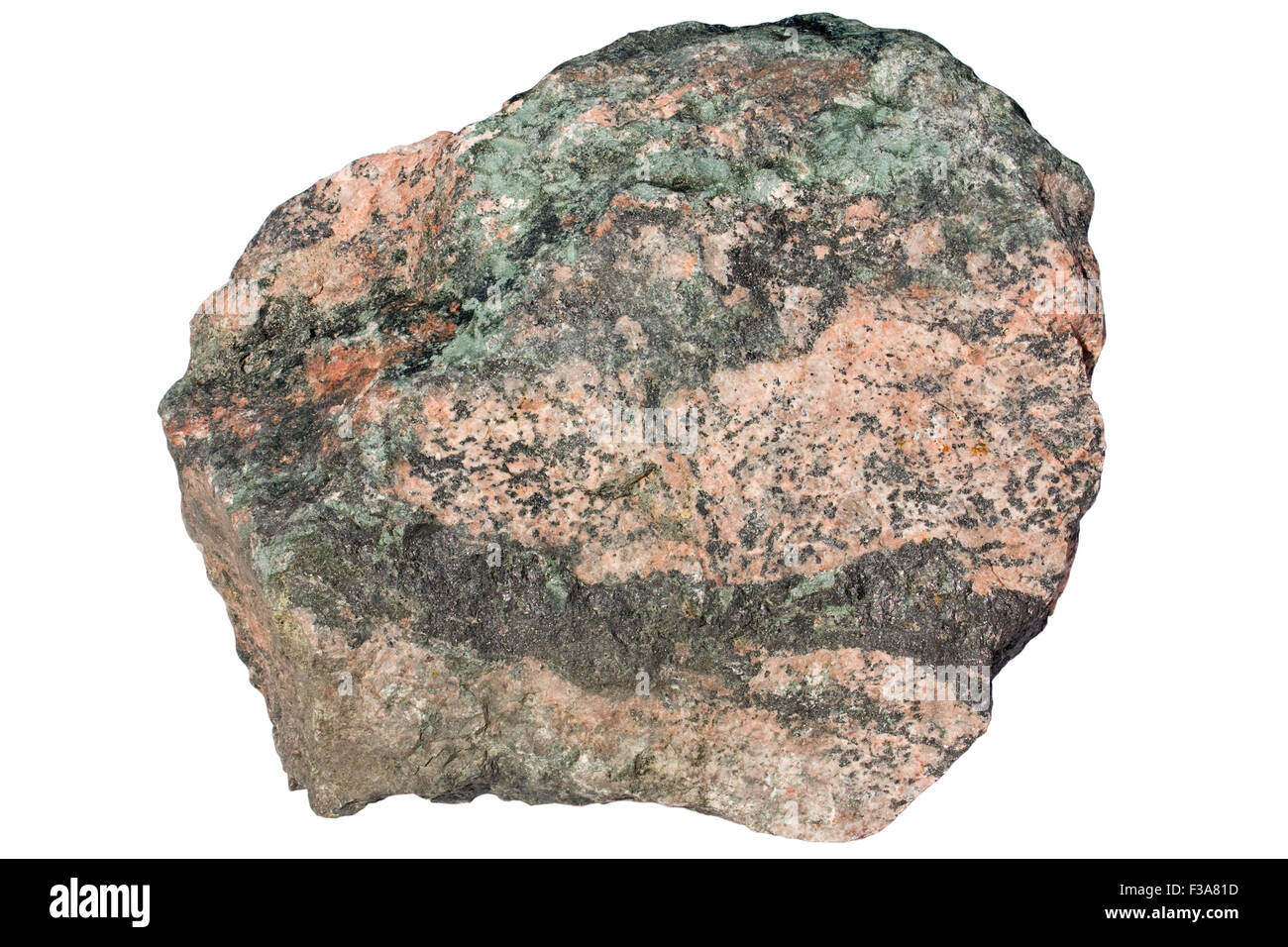 Iron ore magnetite with gangue minerals albite, actinolite, apatite Stock Photo