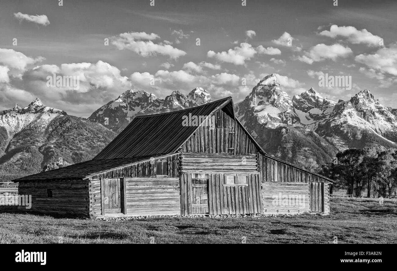 Wyoming, Grand Teton National Park, Mormon Row, Moulton Homestead Barn, circa 1910s, monochrome Stock Photo