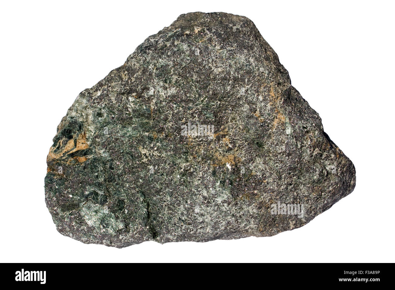 Iron ore from Kiruna (black magnetite, green actinolite, white apatite, yellow calcite) Stock Photo