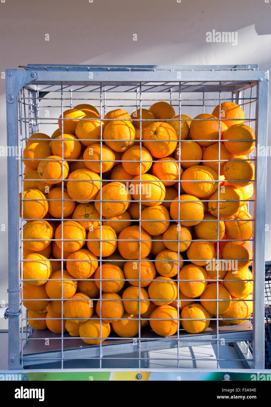 Sunlit oranges fruits placed in a cage in market Stock Photo - Alamy