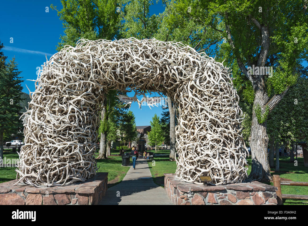 Wyoming, Jackson, George Washington Memorial Park aka Town Square, elk-antler arch Stock Photo