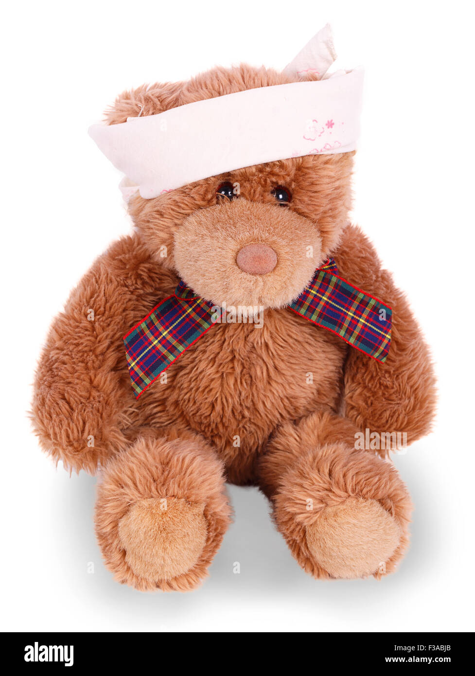 Teddy bear with bandaged head isolated on white background Stock Photo