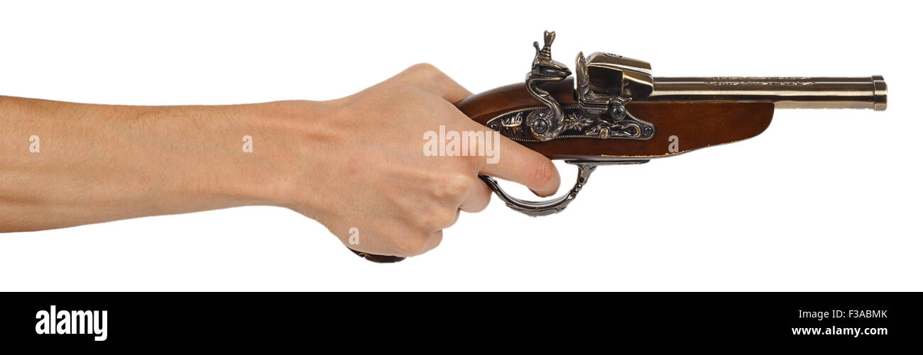 Old musket gun in male hand isolated on white background Stock Photo ...