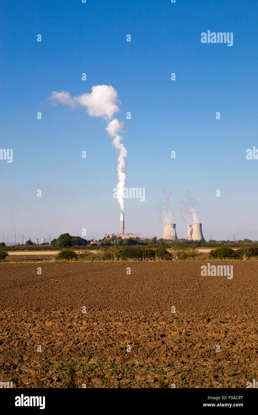 Cottam power station in England.  Cooling towers with smoke coming from cooling towers Stock Photo