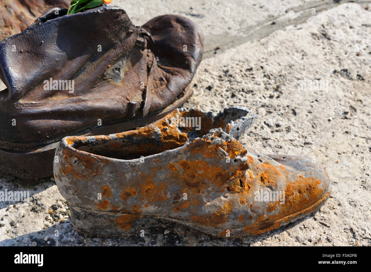 Iron shoes memorial by the river Danube to Jewish people executed in World War 2, Budapest, Hungary. Stock Photo