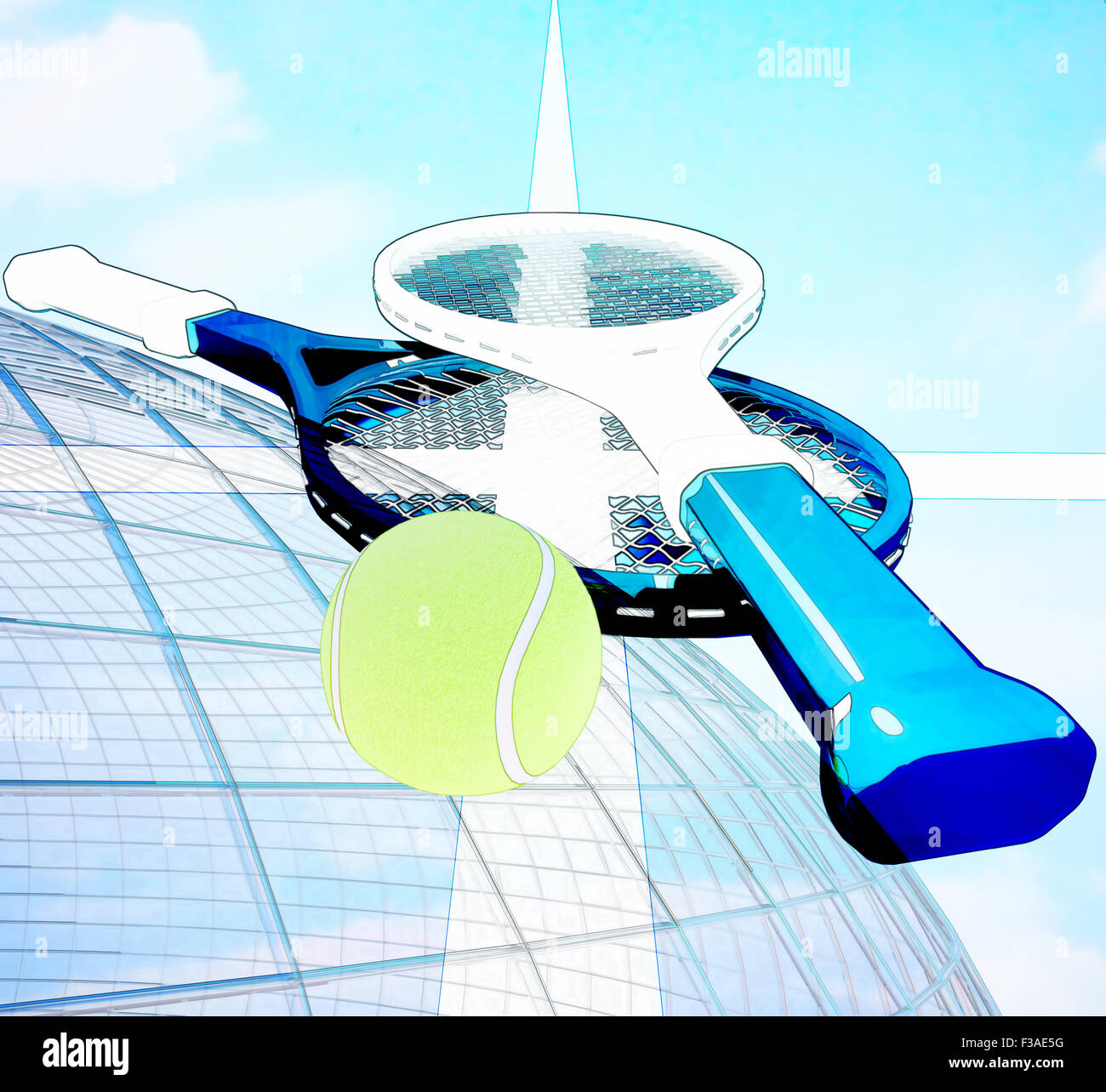 Tennis Ball and rackets over Net with background sky Stock Photo Alamy