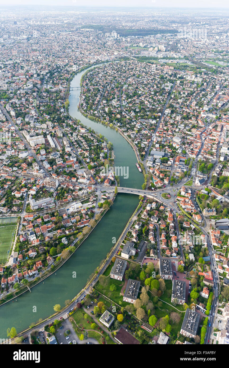 Aerial view of the Seine river running through the outskirts of Paris Stock Photo