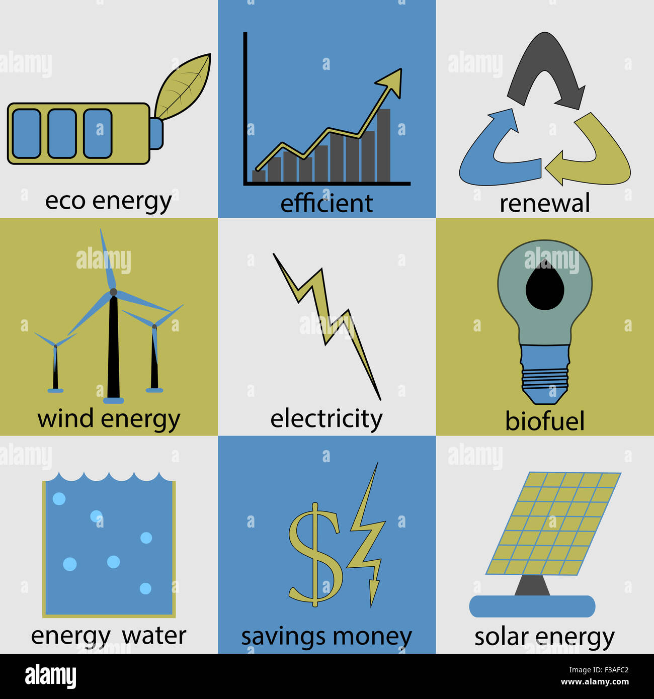 Eco energy icon set. Ecology renewal, logo biofuel, productivity and efficiency, money and electrical, button water and solar el Stock Photo