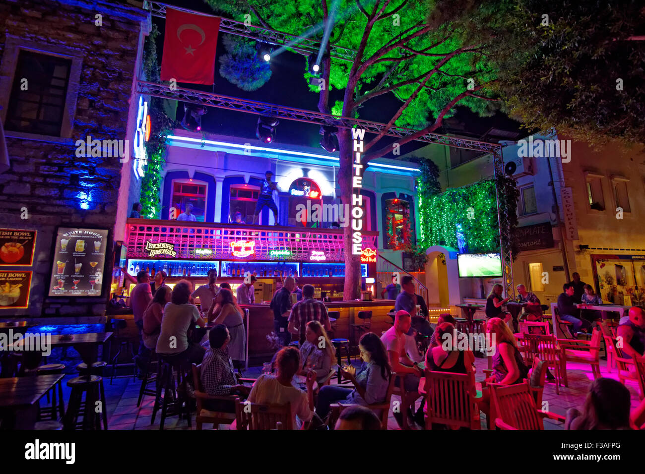 The popular seafront 'White House' bar & disco on 'Bar Street' at Bodrum town, Mugla, Turkey. Stock Photo
