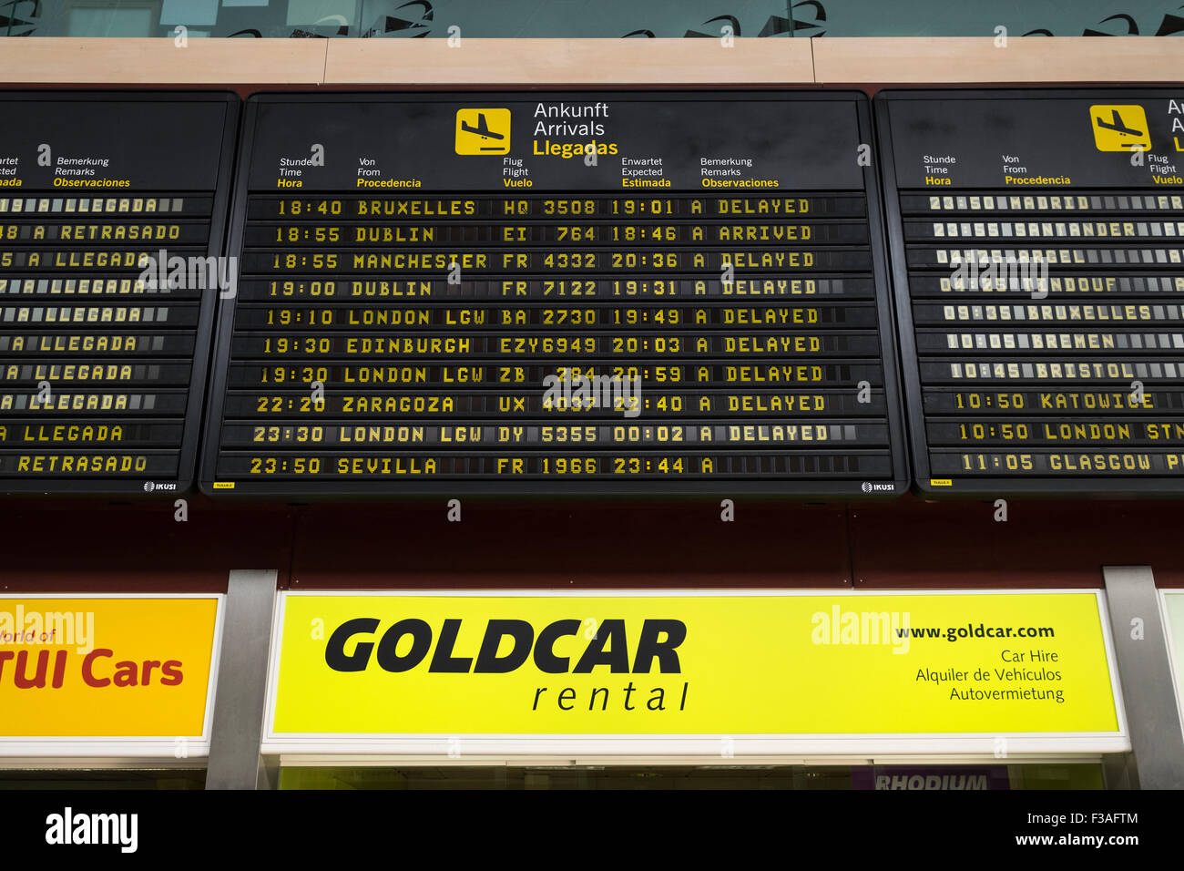 Arrivals board at Tenerife south airport, above car rental offices, Canary Islands, Spain. Stock Photo