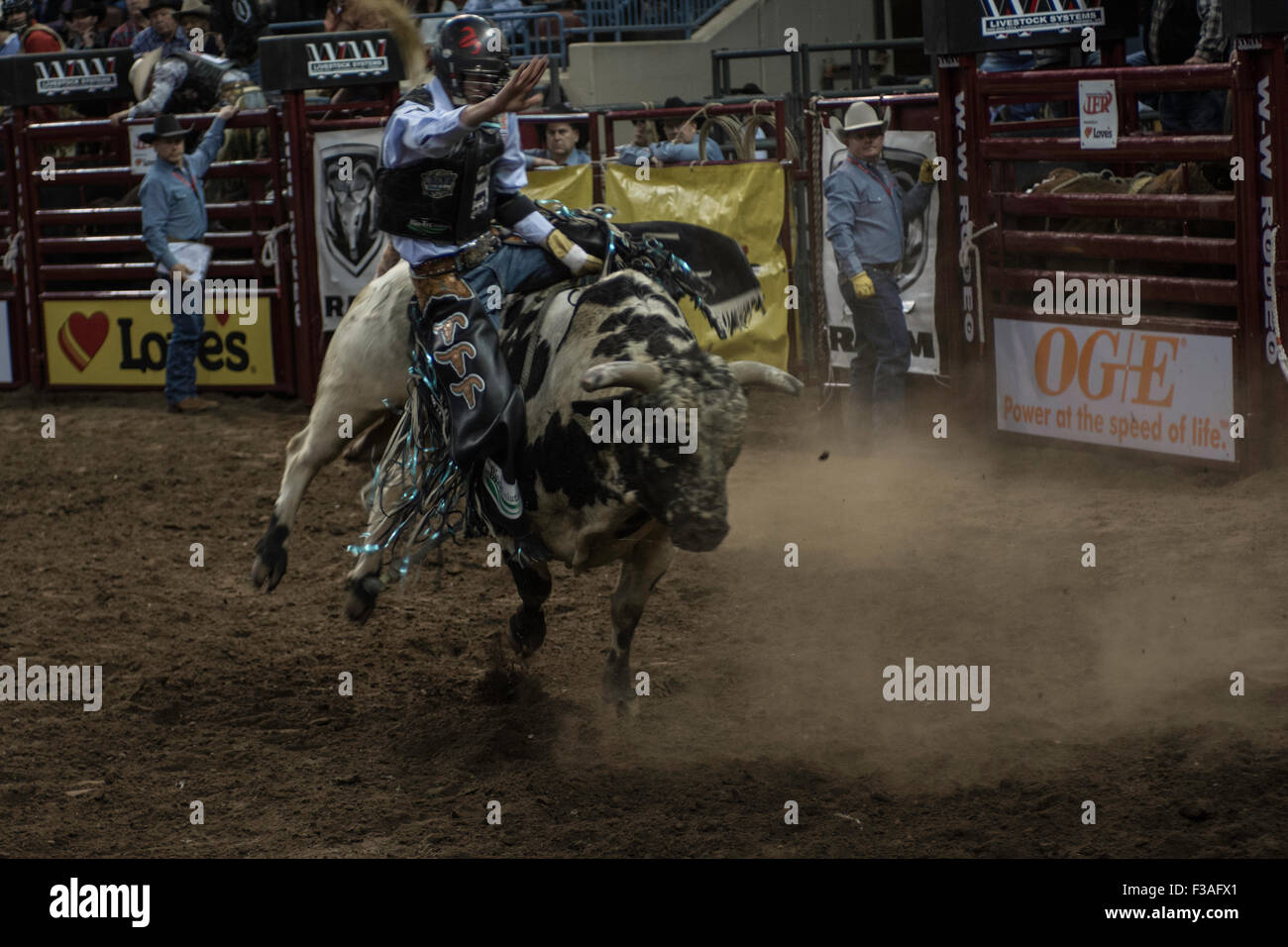 Cowboy riding bucking bull during rodeo in Oklahoma City, Oklahoma, USA ...